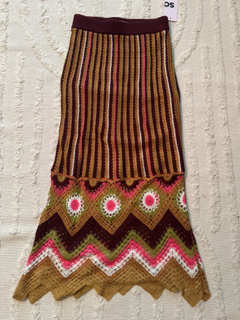 SO Crochet-Detail Brown Patterned Midi Skirt